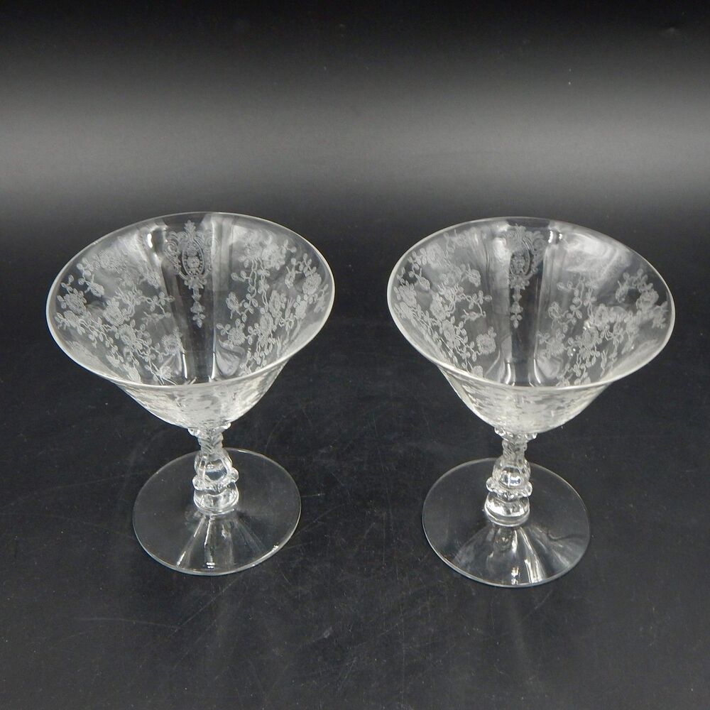 Cambridge Glass Rose Point Low Foot Champagne Sherbet Goblets Clear Pair